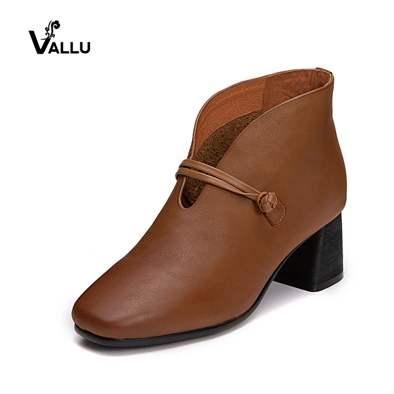 

VALLU Vintage Women Shoes High Heels Square Toes Cowhide Leather Block Heels Ladies Pumps 2018 Autumn New Arrival