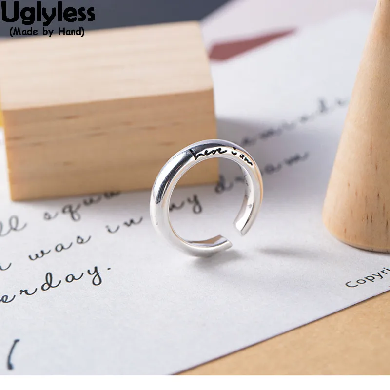 

Uglyless 100% Real 925 Sterling Silver Here i am Letters Finger Rings for Women Glossy Open Ring Wild Simple Fine Jewelry Bijoux