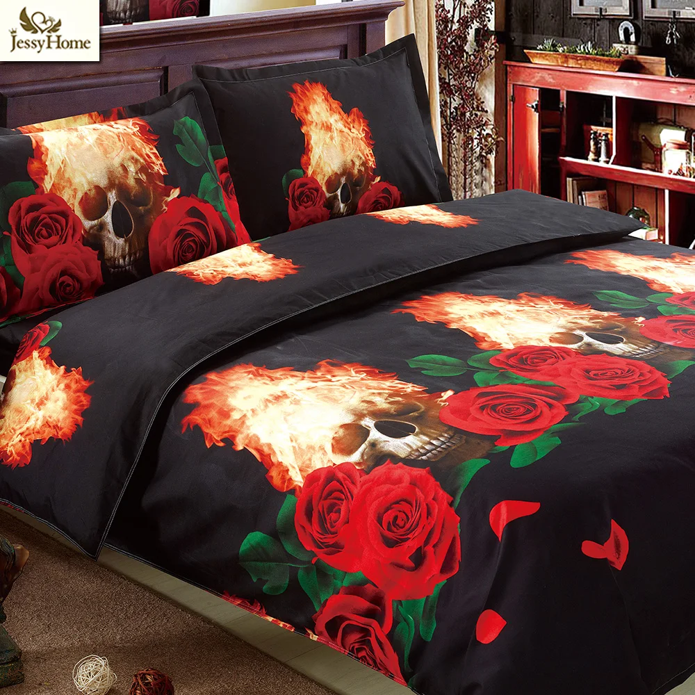 3D Fire Skulls Bedding Set Rose Print 4Pcs Duvet Cover Pillowcase Flat Sheet Twin Queen King Size Bed | Дом и сад