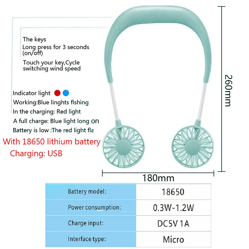 Green 1 шт. USB портативный вентилятор для шеи с креплением на шею с аккумулятором 1200ма мини-спортивные вентиляторы 3 скорости регулируемые носимые вентиляторы - Цвет: Green