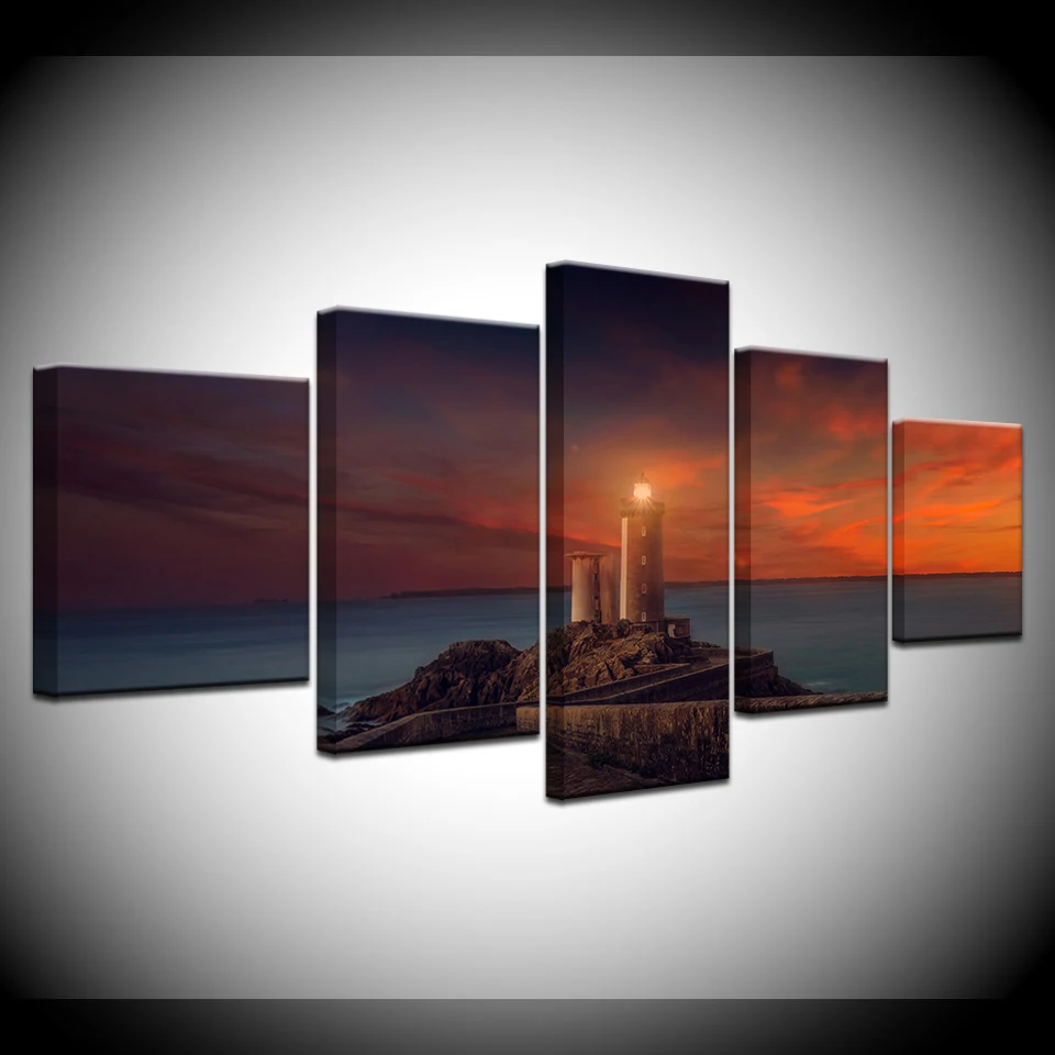 

Canvas Painting sea light house at night seascape 5 Pieces Wall Art Painting Modular Wallpapers Poster Print Home Decor