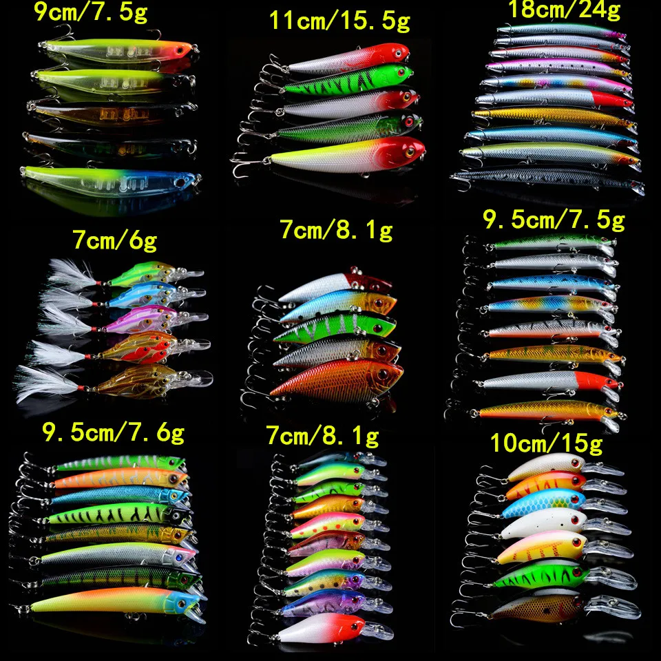 63pcs/lot Hard Baits Artificial Lifelike Fishing Lures Set Mixed 9 Varisized Models bait 63 Different Colors Fishing Wobblers
