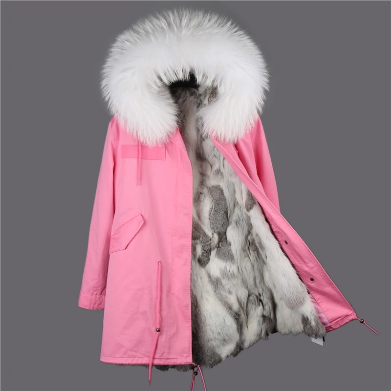 OFTBUY, розовая Длинная зимняя куртка, пальто, женская парка, воротник из натурального меха енота, с капюшоном, шуба из натурального кролика, Толстая теплая парка