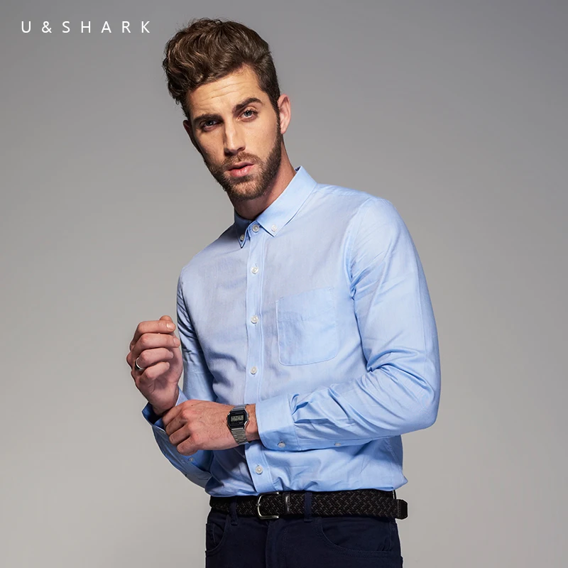 U &amp SHARK Весенние новые мужские рубашки 100% хлопок Оксфорд синяя Повседневная