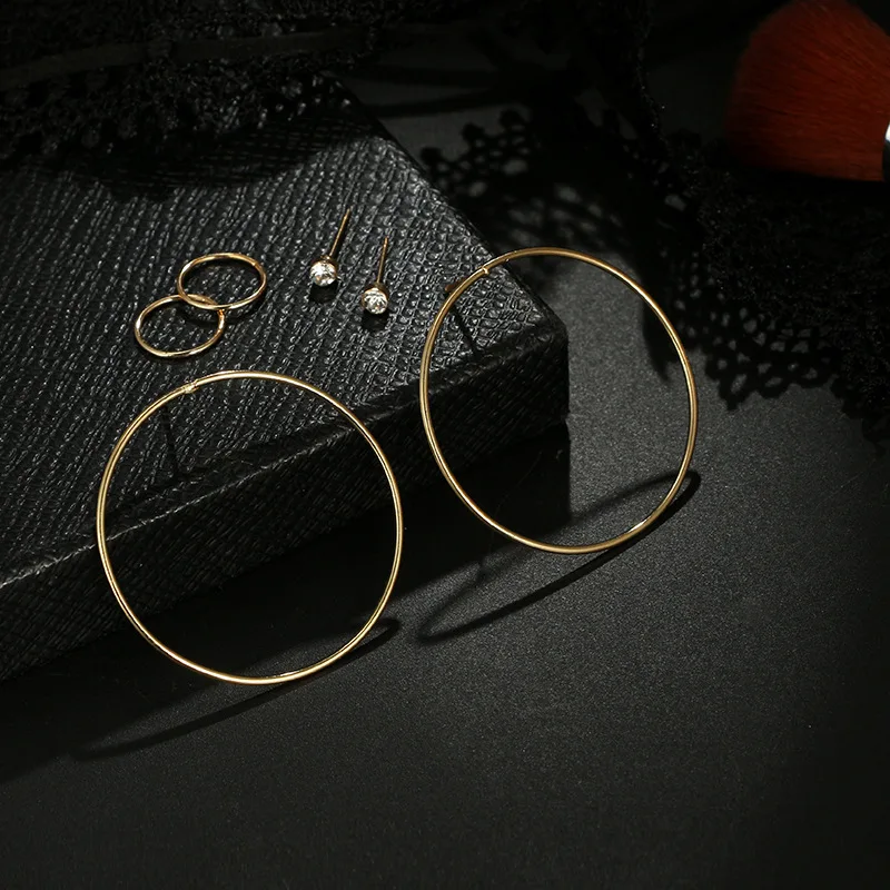 Punk Gold Color Round Stud Earring Set for Women Metal Circle Tiny Crystal Ear Cuff Pendientes | Украшения и аксессуары