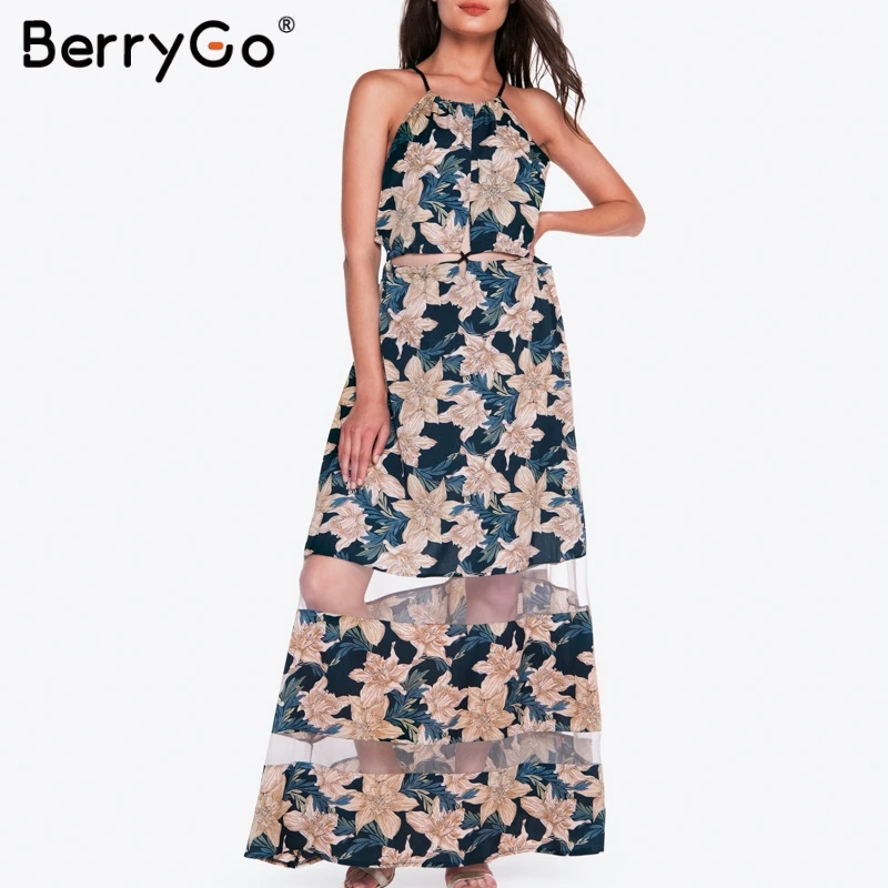 BerryGo women dresses Summer boho Stitching lace maxi dress Elegant floral print mesh long Sexy see through beach vestidos | Женская