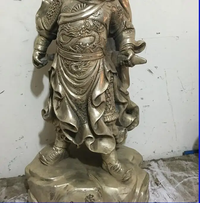 15&quot Chinese Folk Silver carved Dragon Kuan Kung Guan Gong GuanYu warrior statue | Дом и сад
