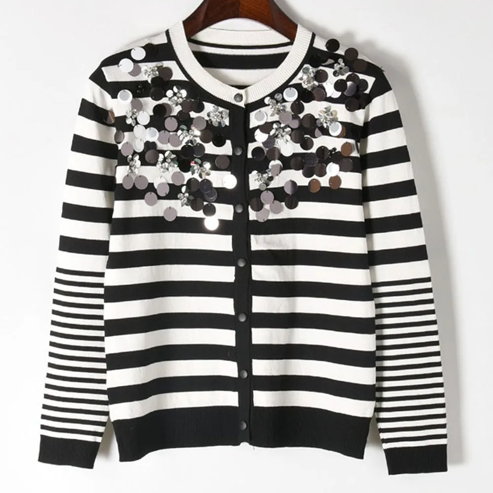 2018 Spring Autumn New Fashion Cardigan Sweaters For Women Luxury Shining Sequins Diamonds Striped Long Sleeve Knit Tops SY1598 |