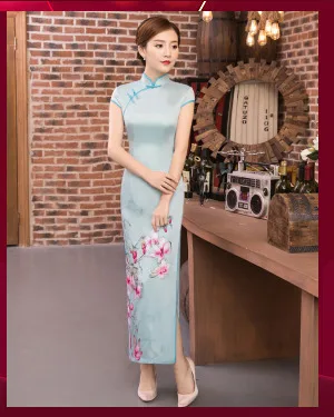 Sheng Coco размера плюс Королевский синий китайский шелк Qipao атлас Cheongsam платья Длинные Кружева Окаймленный воротник Qipao 4XL вышитые цветы