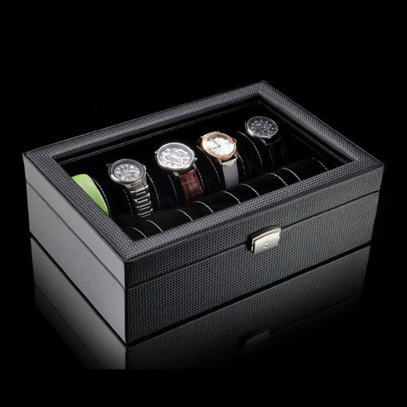 

Carbon Fibre Leather Watch Storage Cases New Black PU 6 Slots Mechanical Watch Display Box Case With Lock Jewelry Gift Box W028
