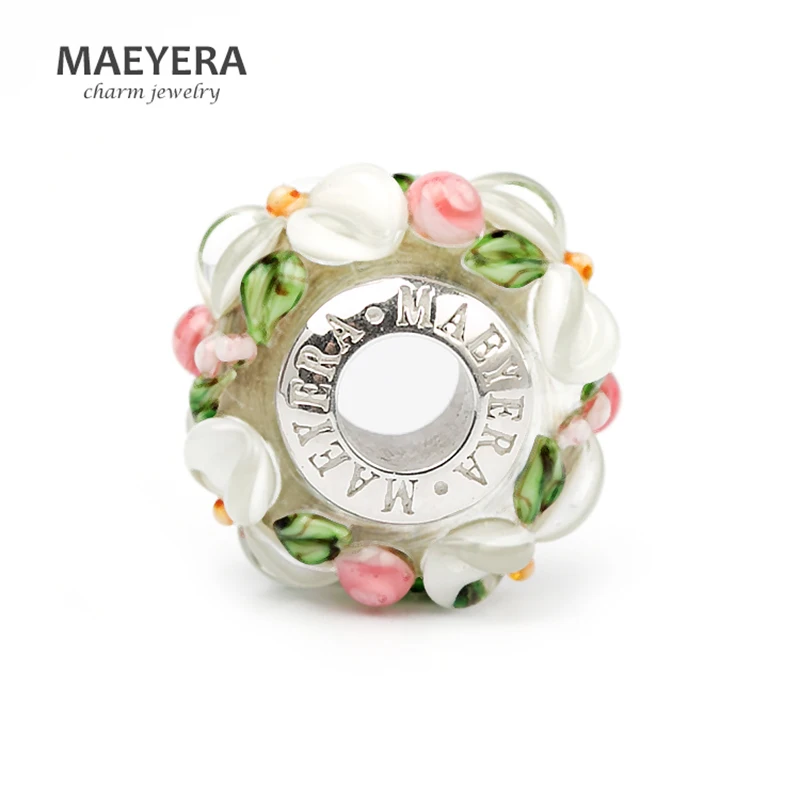 MAEYERA 925 пробы серебряные бусины лэмпворк белые стерео лепестки бусины из муранского стекла подходят для европейских очаровательных ювелирных изделий 920358