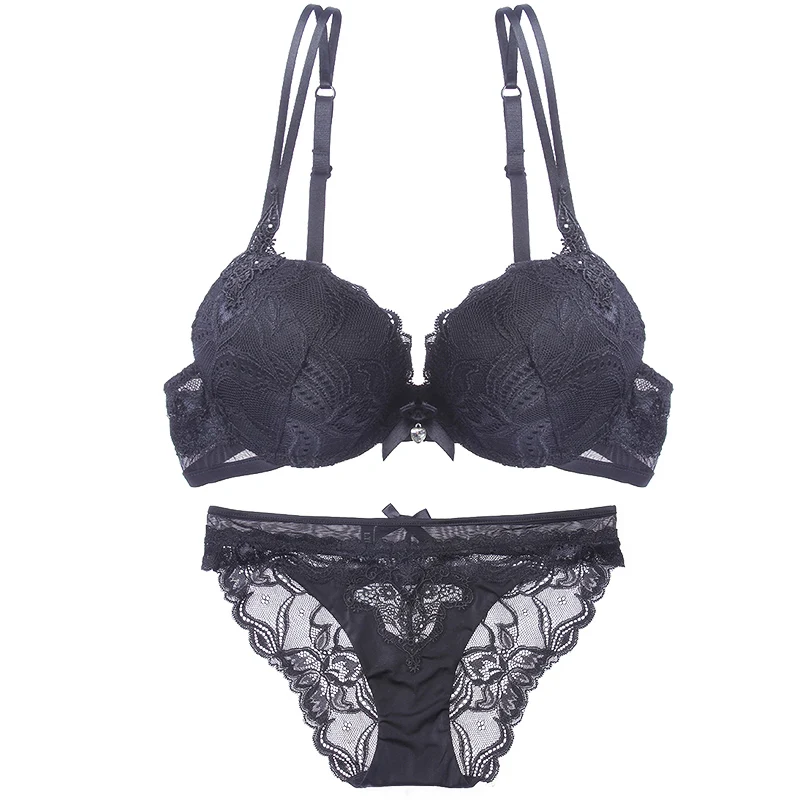 BLACK Lilymoda, женский сексуальный бюстгальтер, набор, Цветочный, кружевной, вышивка, стразы, женское нижнее белье, бюстгальтер пуш-ап и нижнее белье, Pany Set - Цвет: BLACK