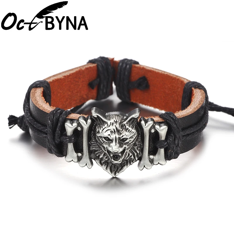 

Octbyna New Product Punk Wolf Head Ornament Genuine Leather Bracelets For Men Cuff Bangle Wristband Jewelry Gifts Dropshipping