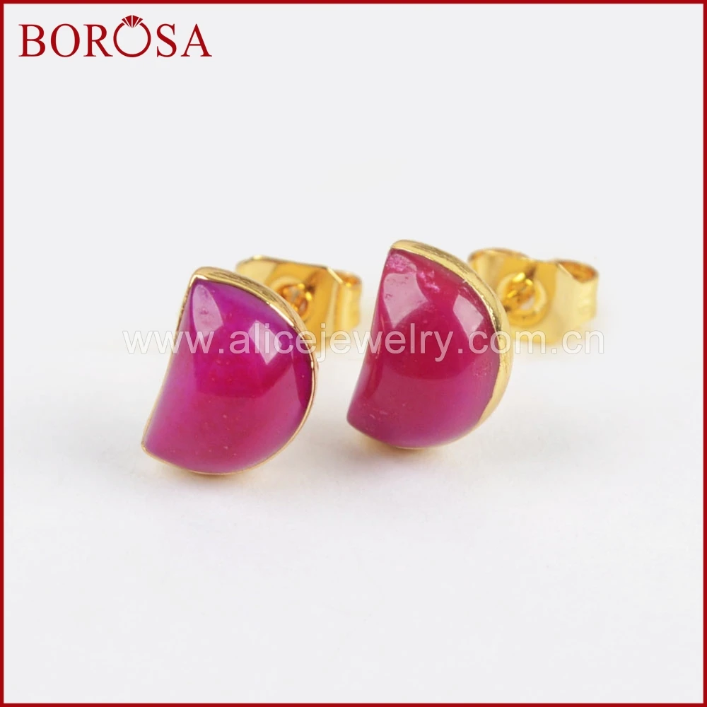 BOROSA Fashion Moon Shape Multi-kind Stone Faceted Stud Earrings 1pair Gold Color Crescent Druzy for Women G1297 | Украшения и