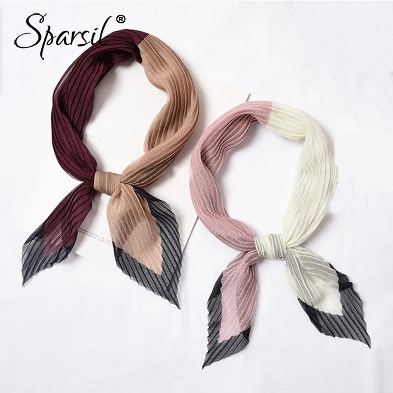 Sparsil, женские стильные плиссированные шарфы 58x58 см, ромбические шарфы, двухцветные Лоскутные шарфы, весенний атласный Шелковый тонкий дышащий шейный платок