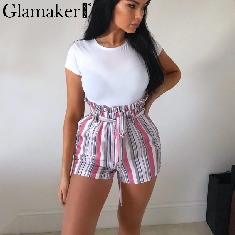 Женские шорты с высокой талией Glamaker свободные весенние в полоску оборками и