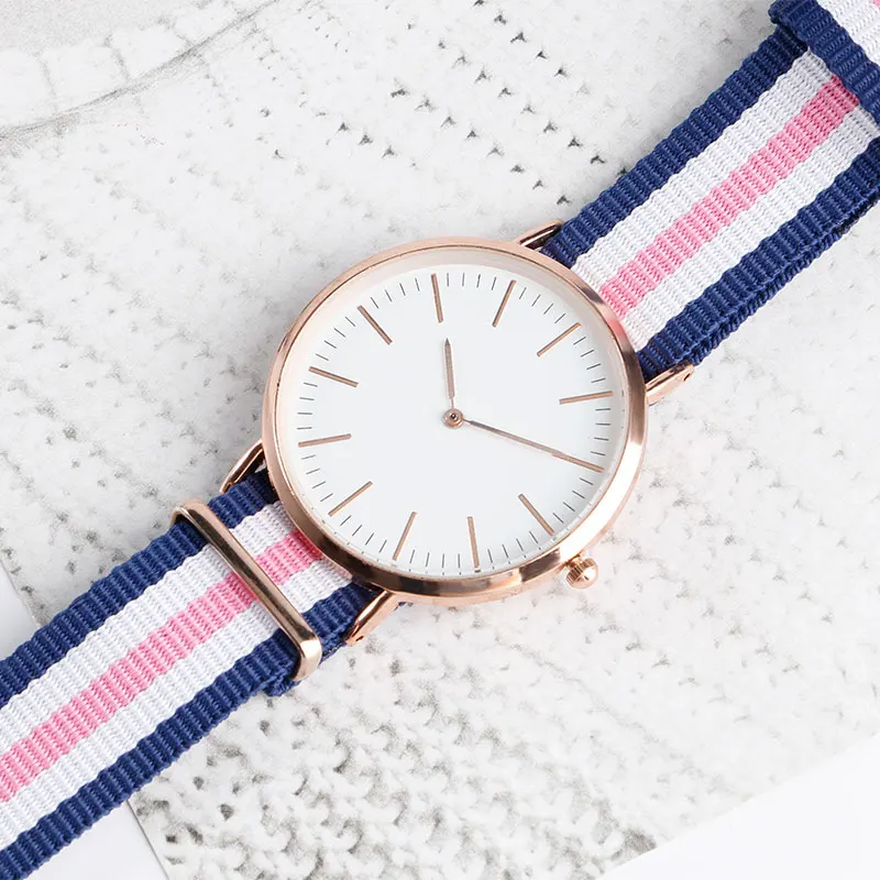 

Fashion Pink Stripe Watches Nylon Canvas Strap Men Wrist Watch Casual Analog Wristwatches 2016 Popular Women Quartz-watch