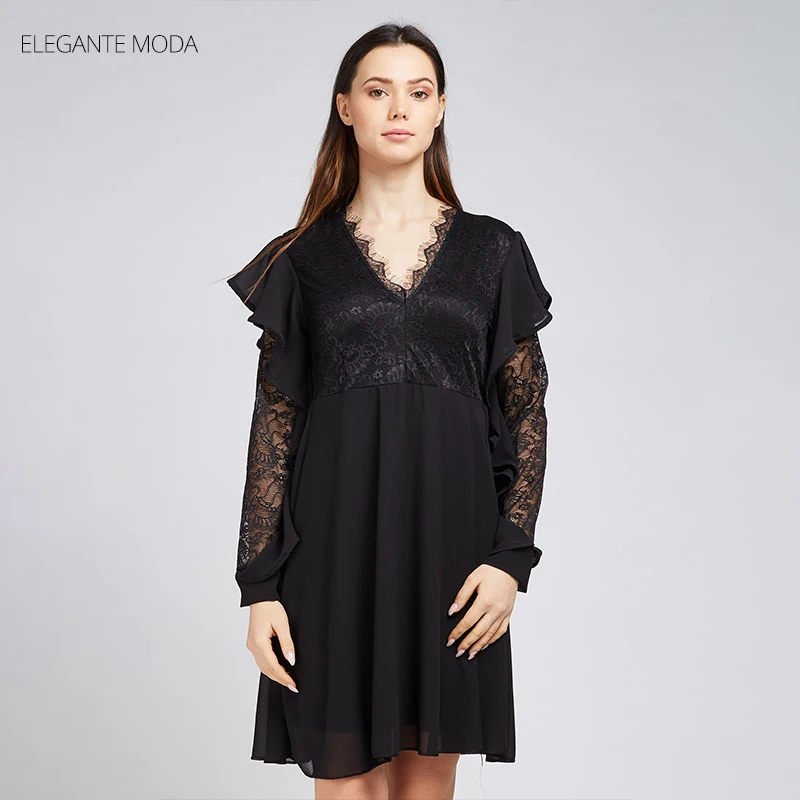 Elegante Moda 2019 весенне-летнее модное женское повседневное кружевное черное платье с