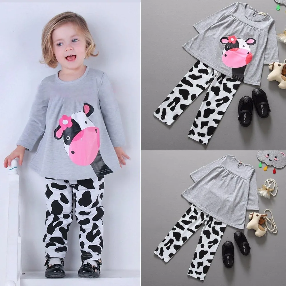 

Cute Baby Girls Autumn Clothes Sets Long-sleeved T-shirt+Pants Tracksuit Cow Girl Cotton Children Suit Winter Kids Clothing Set
