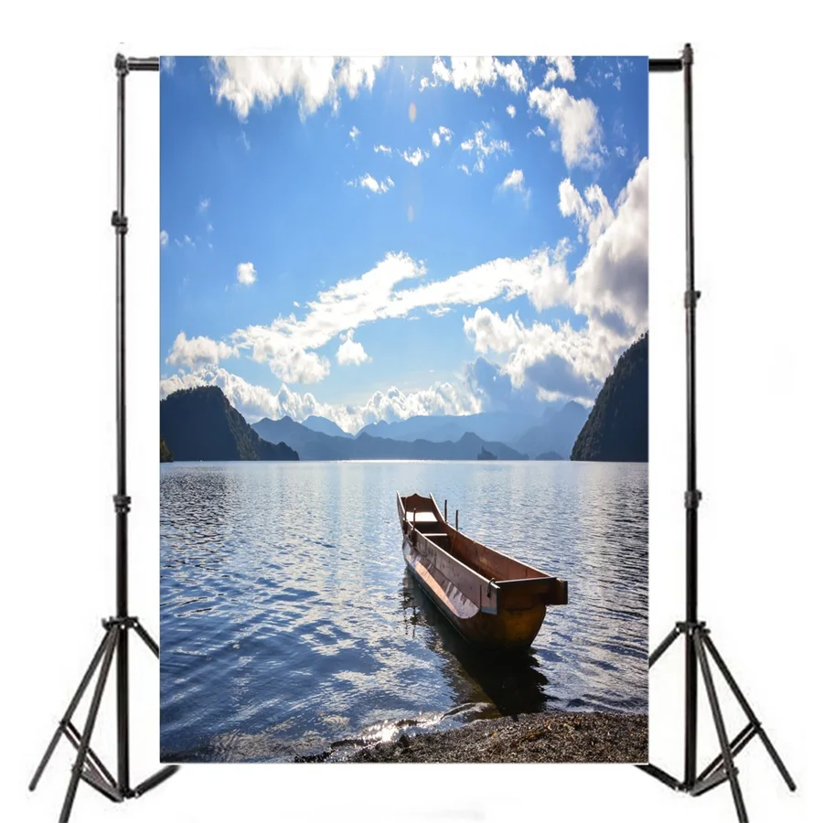 Laeacco Sunny Cloudy Sky Lake Beach Boat Landscape фоны для фотосъемки виниловые фотообои фотостудии |