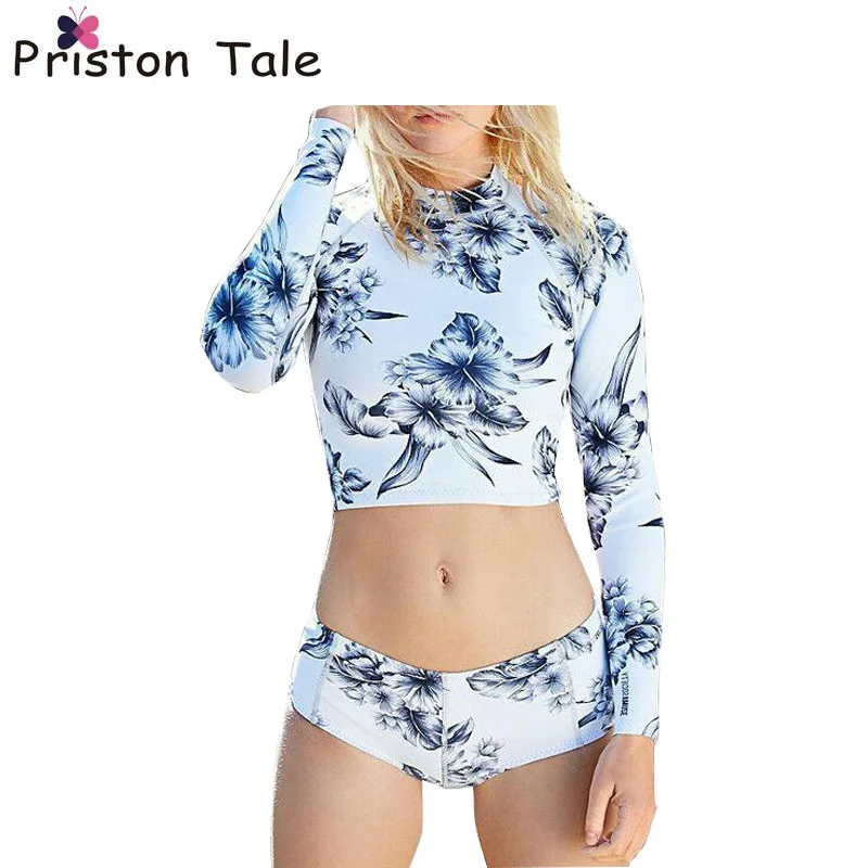 Цветочный Печати Бикини Установить Женщин Купальник С Длинным Рукавом