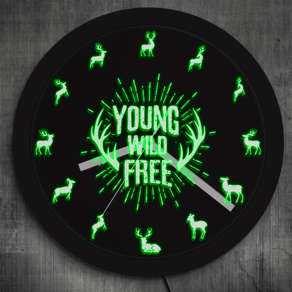 Young Wild Free вдохновляющие цитаты оленьи рога настенные часы со светодиодной