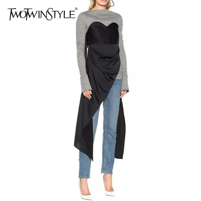 TWOTWINSTYLE Лоскутные Асимметричные футболки с подолом женские высокой талией и