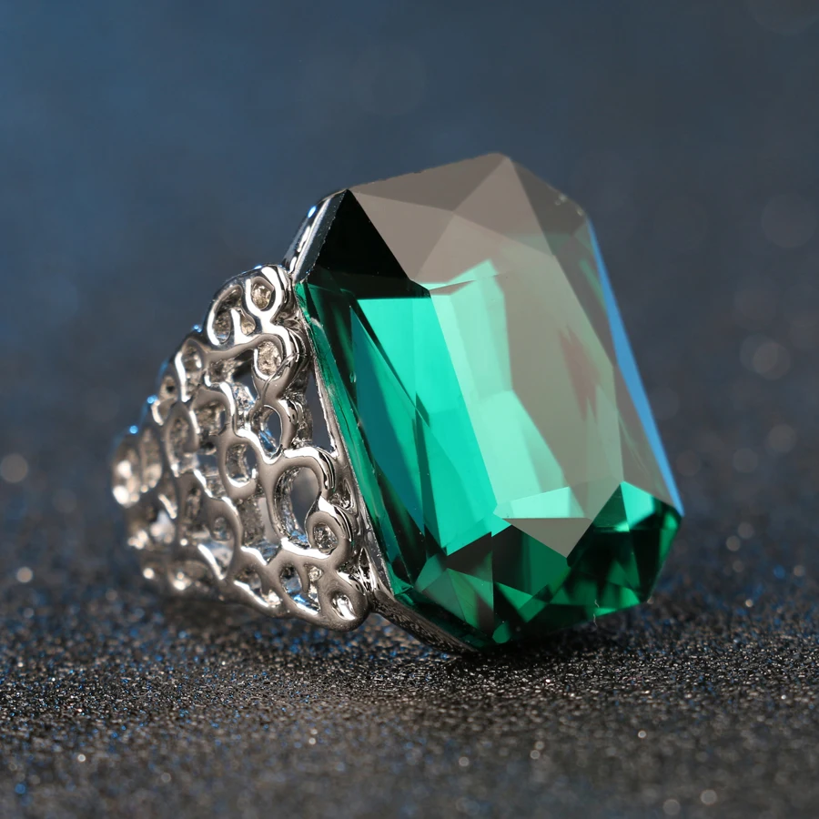 Женские большие кольца из зеленого стекла уникальные обручальные серебряного