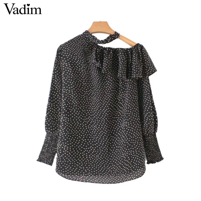 Vadim women elegant ruffles polka dot halter blouse irregular collar long sleeve female shirts stylish casual tops blusas LA986 |
