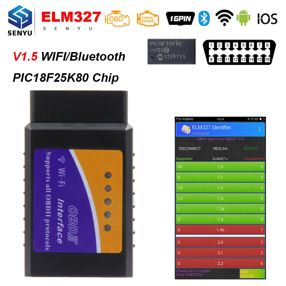 ELM 327 V1.5 OBD2 Bluetooth Wi-Fi сканер для Android/IOS elm327 V1.5 PIC18F25K80 OBD 2 OBD2 автомобильный диагностический инструмент считыватель кодов
