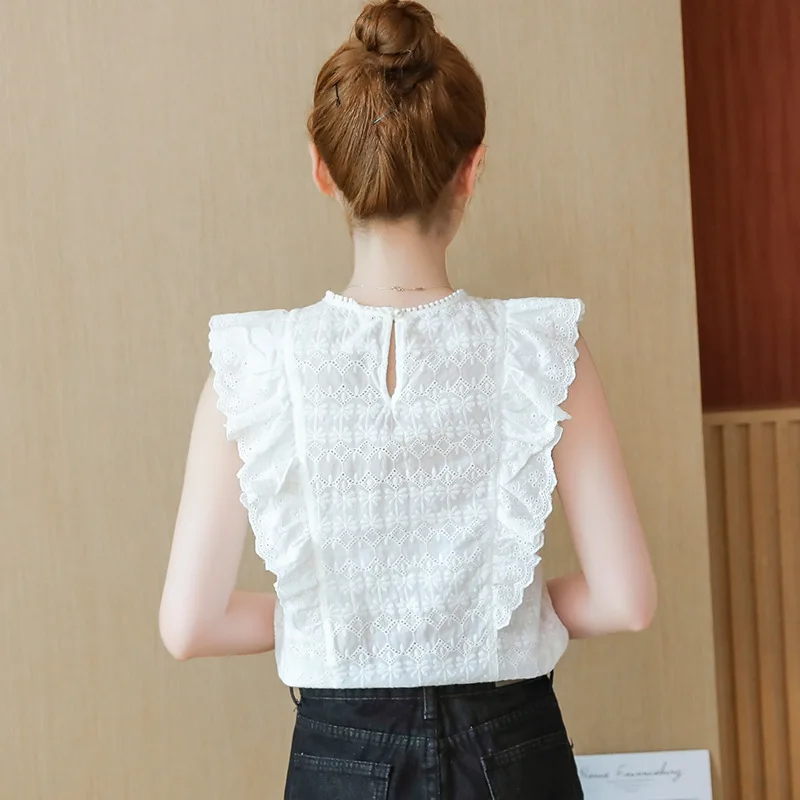 Женская кружевная рубашка без рукавов летняя Свободная белая