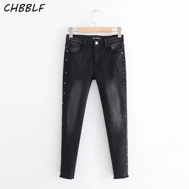 

Fashion 2018 metal beads denim jeans ankle length pants European style ladies casual brand pencil pants JKN514