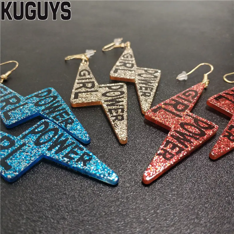 Женские серьги подвески KUGUYS Girl Power Lightning модные блестящие акриловые шикарные