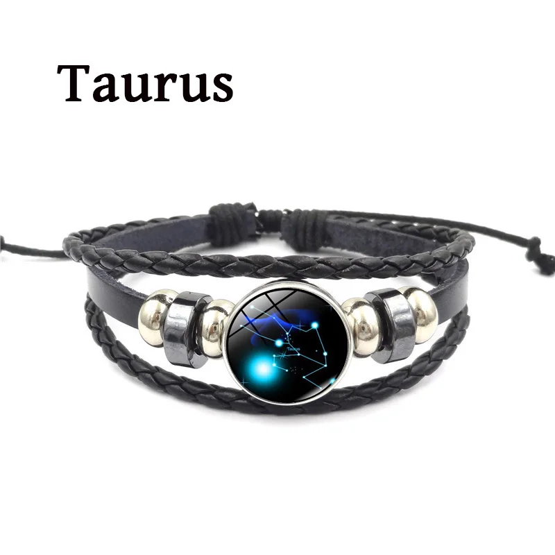 Taurus 12 браслет с подвеской в виде созвездий ретро панк стиль зодиака стеклянная Пряжка ювелирные изделия Многослойный кожаный браслет для мужчин и женщин подарок на день рождения - Окраска металла: Taurus