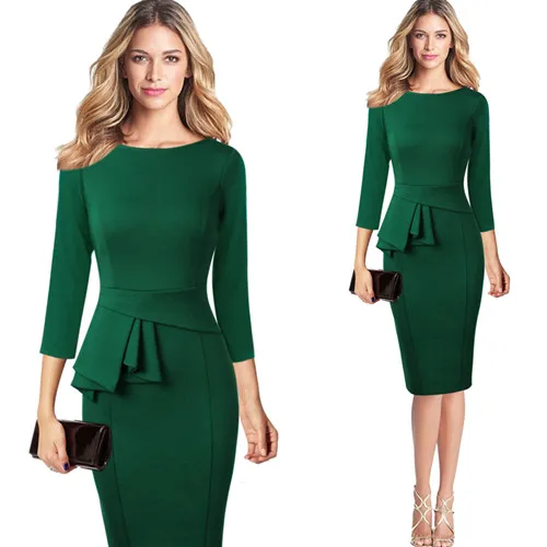 Green 1 Vfemage, Женская Осенняя Элегантная туника с оборками и баской, с рукавом 3/4, винтажная одежда для работы, деловые, вечерние, стрейч, облегающее платье-футляр, 1196 - Цвет: Green 1