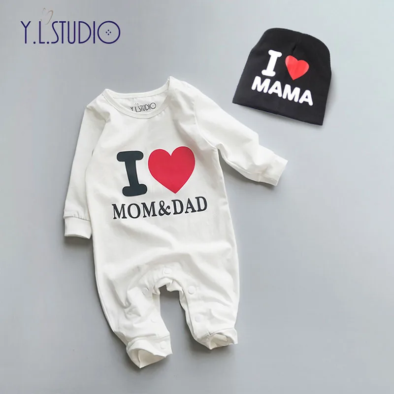 Black Новогодний костюм для новорожденных, Комбинезон для мальчика, комбинезон с длинными рукавами для маленьких девочек, комбинезон с надписью «I Love Dad and Mom», комплект одежды из 2 предметов - Цвет: Black
