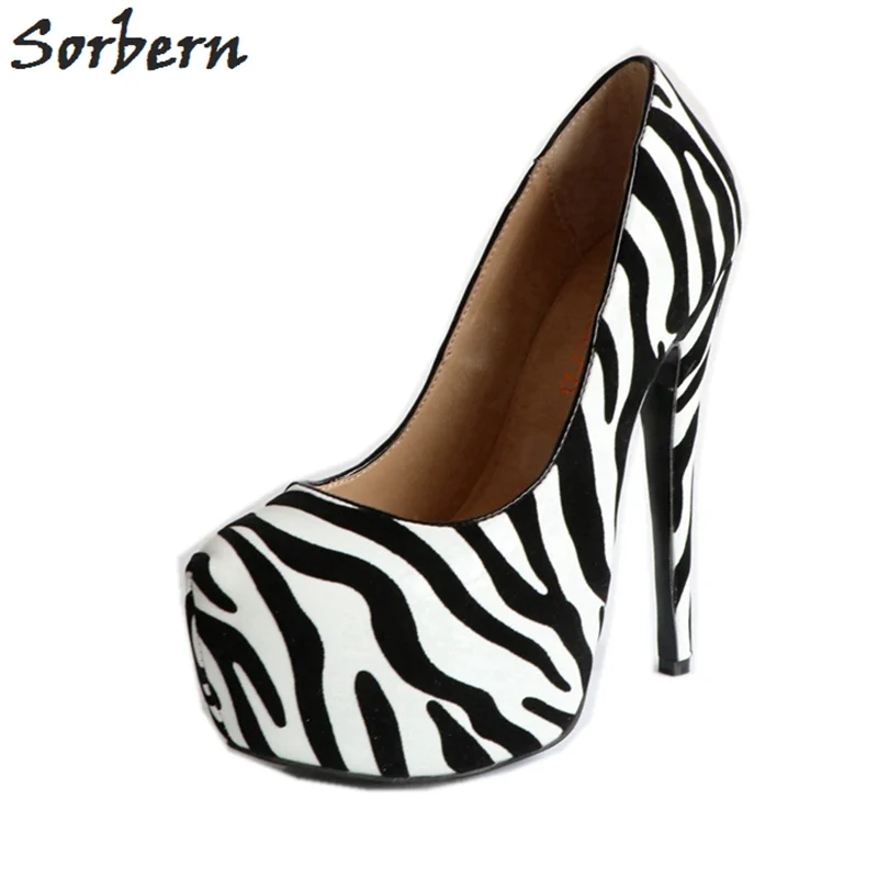 

Sorbern Black and White Zebra Platform Women Pump Shoes Real Image Round Toe High Heels Stilettos Slip-on Shoe Ladies Party Shoe