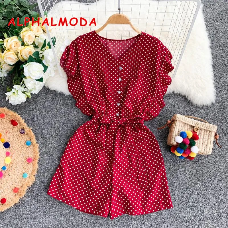 

ALPHALMODA 2019 Summer High-waist Casual Resort Playsuit Single Breasted V-neck Fashion Broad-legged Sashes Women Beach Wear