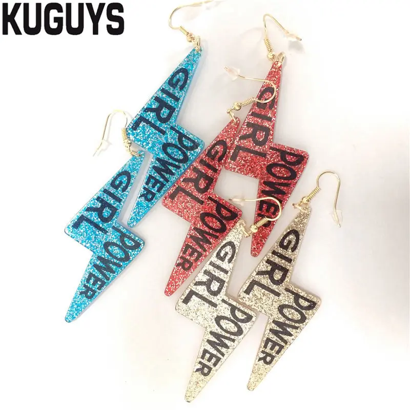 Женские серьги подвески KUGUYS Girl Power Lightning модные блестящие акриловые шикарные