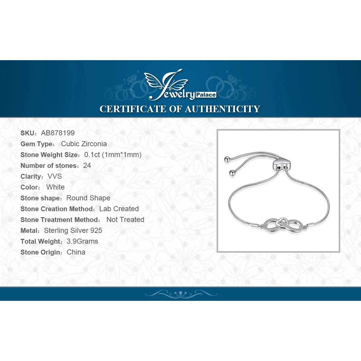 JewelryPalace бесконечность сердце 0.1ct фианитом регулируемый браслет 925 серебро цепи