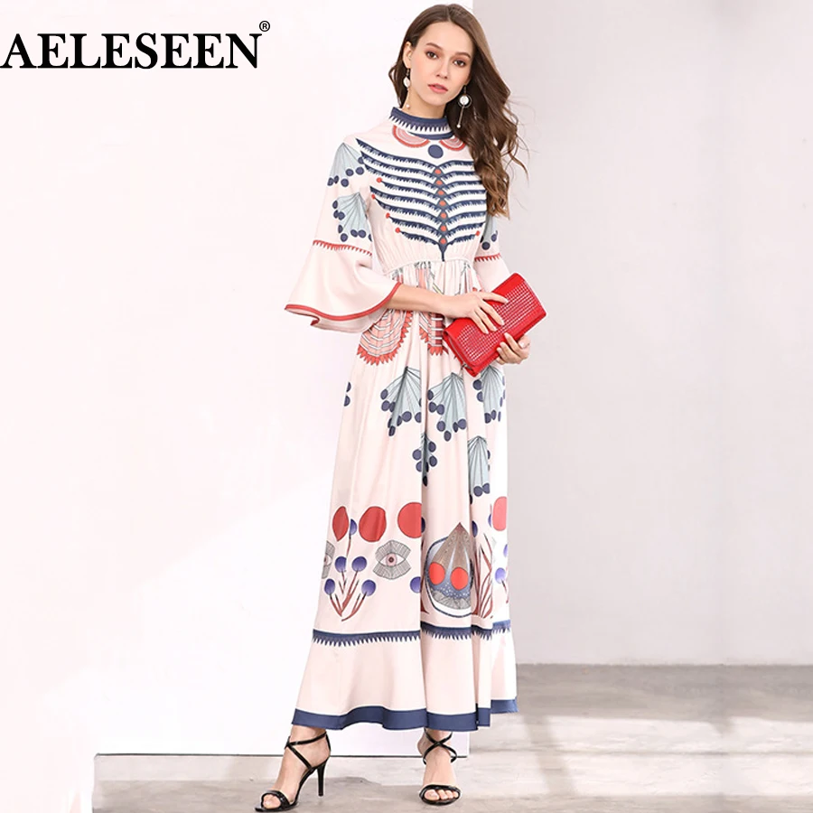 

AELESEEN Summer Bohemian Women Long Dresses Luxury Flare Sleeve Runway Fashion 2018 Abstract Print Designer Dress