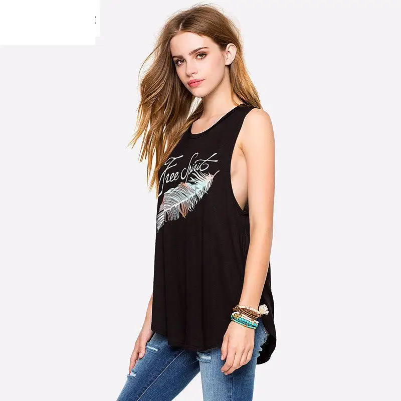 Радость Душу Населения Женщины Топы 2017 Пляж Топ Печатные Буквы Перья Лето