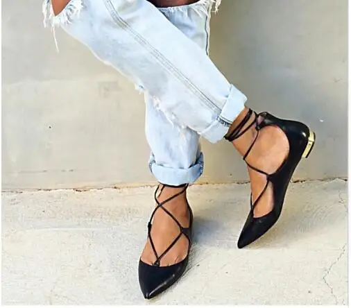 2016 Новый Острым Носом Балетки Сексуальная Сплошной Черный Лодыжки Ремень Мягкие