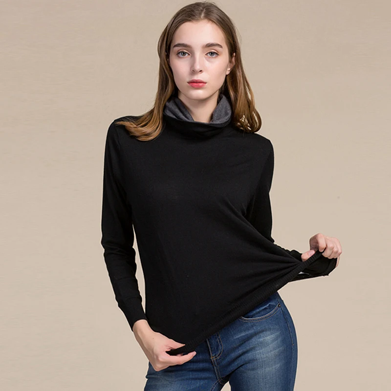 Knitwear Women 85% Silk 15% Cashmere Pullovers Patchwork Turtleneck Long Sleeves 4 Colors Basic Top New Fashion Style 2019 enlarge
