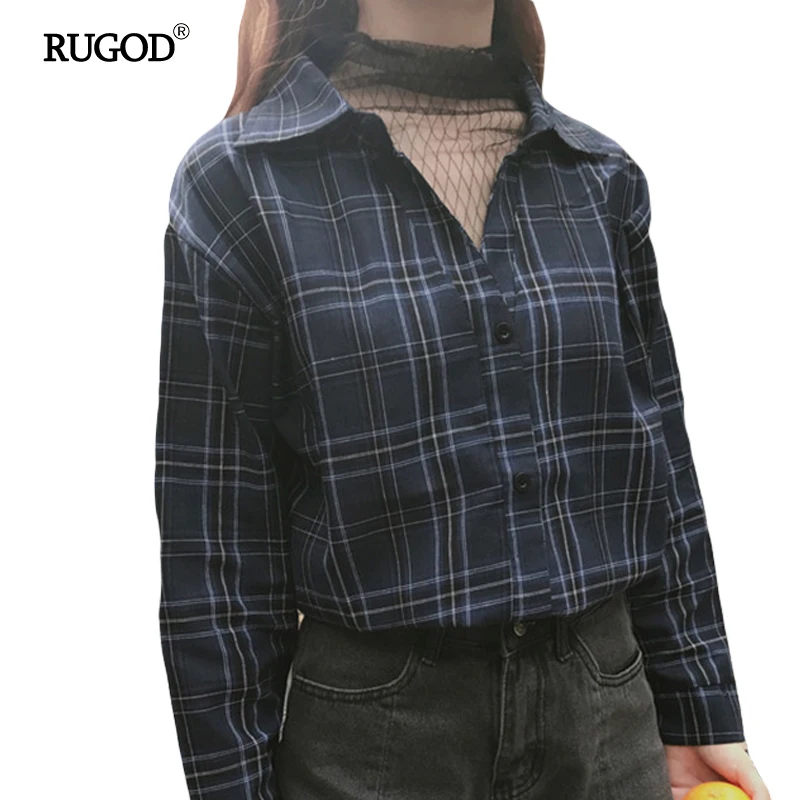 Rugod Новое поступление Для женщин сетки лоскутное Винтаж Рубашки в клетку длинный