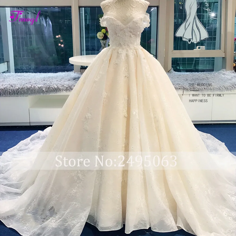 Fmogl Gorgeous Appliques Lace Chapel Train A-Line Wedding Dress 2020 Luxury Beaded Sweetheart Pearls Bride Gown Vestido de Noiva | Свадьбы и