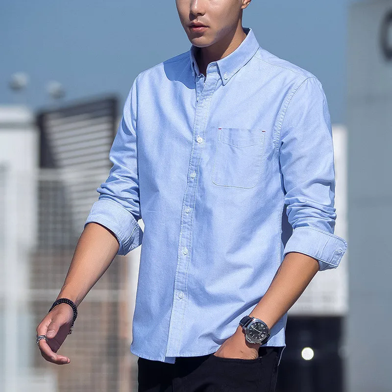 Light Blue Plyesxale фирменные туфли-оксфорды рубашки для Для мужчин высокое Качественный хлопок на пуговицах с отложным воротником рубашки Для мужчин с длинным рукавом белого и розового цветов T13 - Цвет: Light Blue