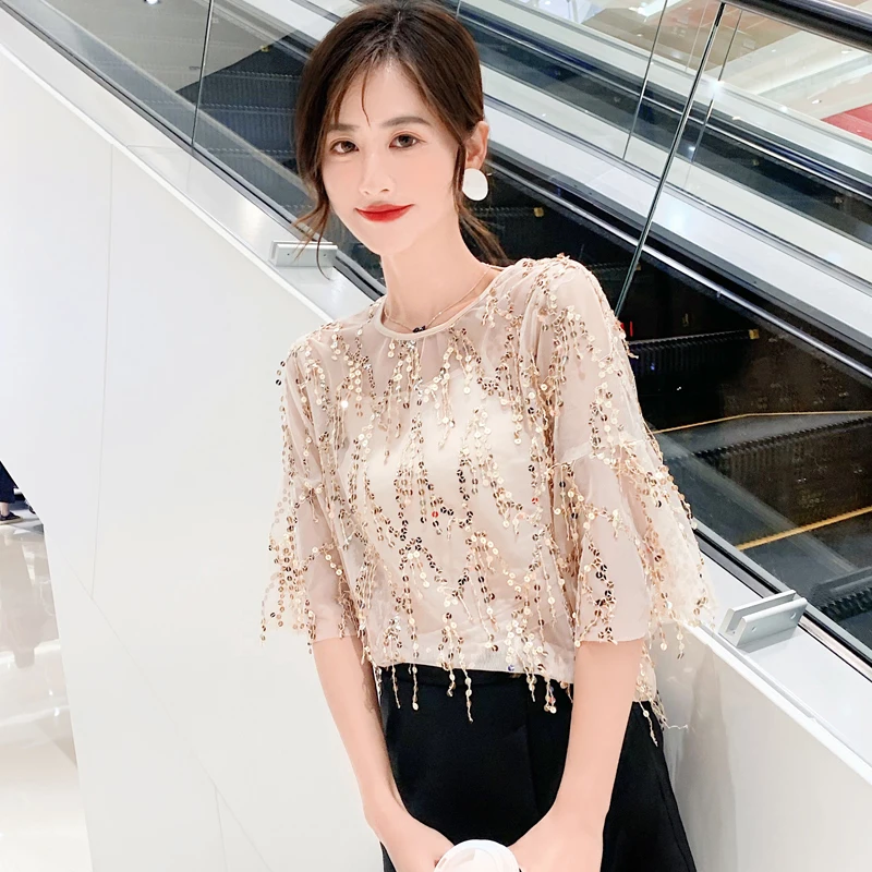 Blusas женская рубашка Сексуальная кружевная с пайетками летнее платье юбкой годе