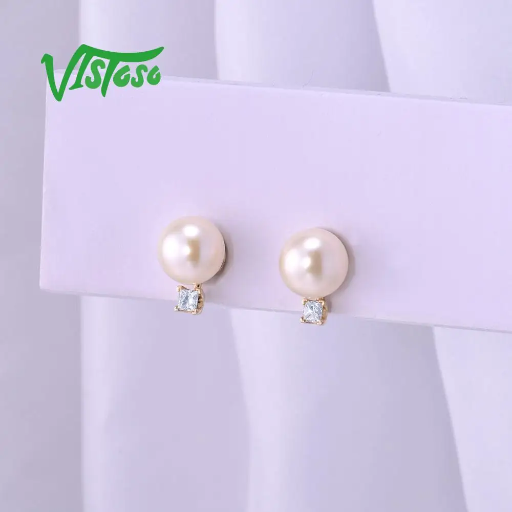 VISTOSO Pure 14K 585 серьги из желтого золота для женщин сверкающие алмазы свежая вода жемчуг уникальные модные элегантные изысканные украшения
