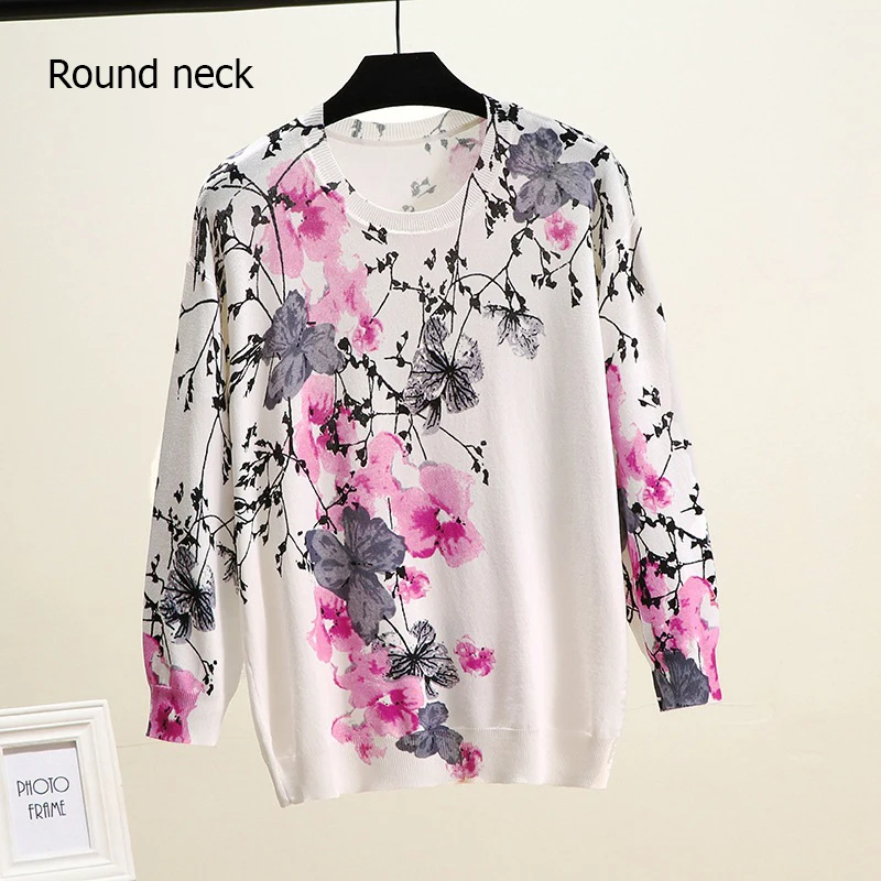 round neck Женский Шикарный джемпер с вырезом лодочкой, разноцветный цветочный принт, Женский мягкий пуловер с круглым вырезом, B-062 - Цвет: round neck